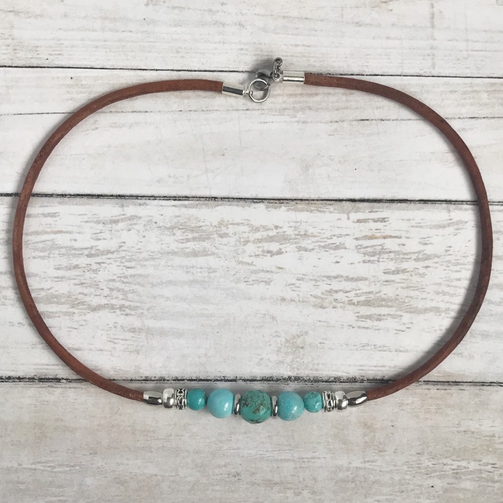 LAST ONE•Hand Crafted Leather & Turquoise Necklace - Picture 1 of 6